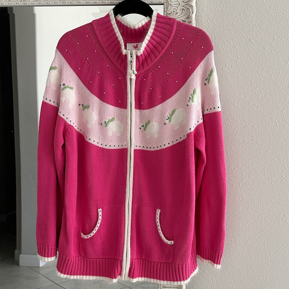 Quacker Factory Polar Bear Pink and White Zippered Cardigan